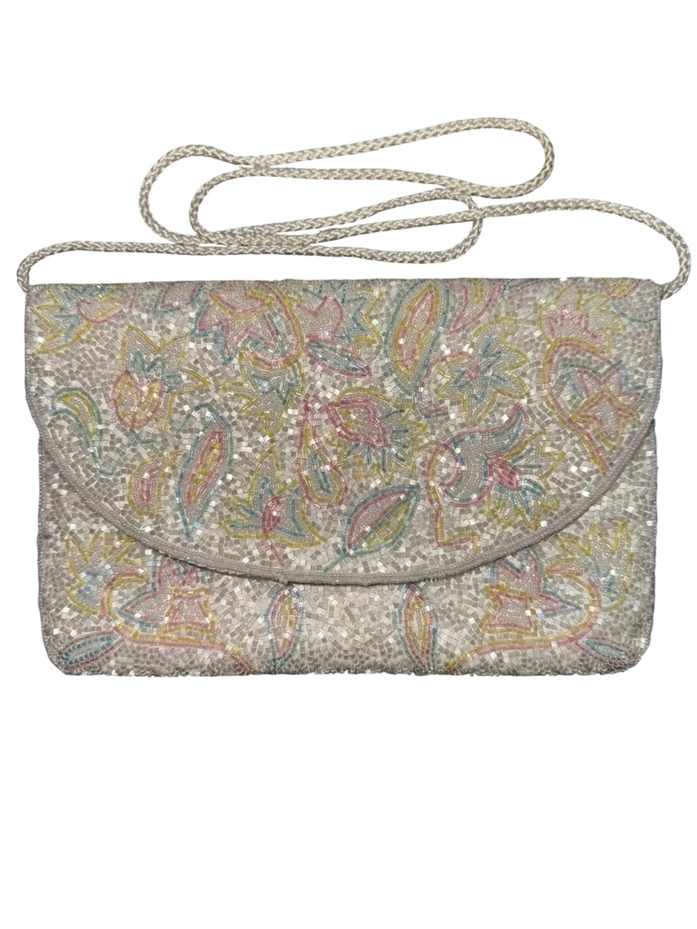 Vintage Carolyne Barton Night Beaded Evening Bag Silver Paisley Shoulder Purse